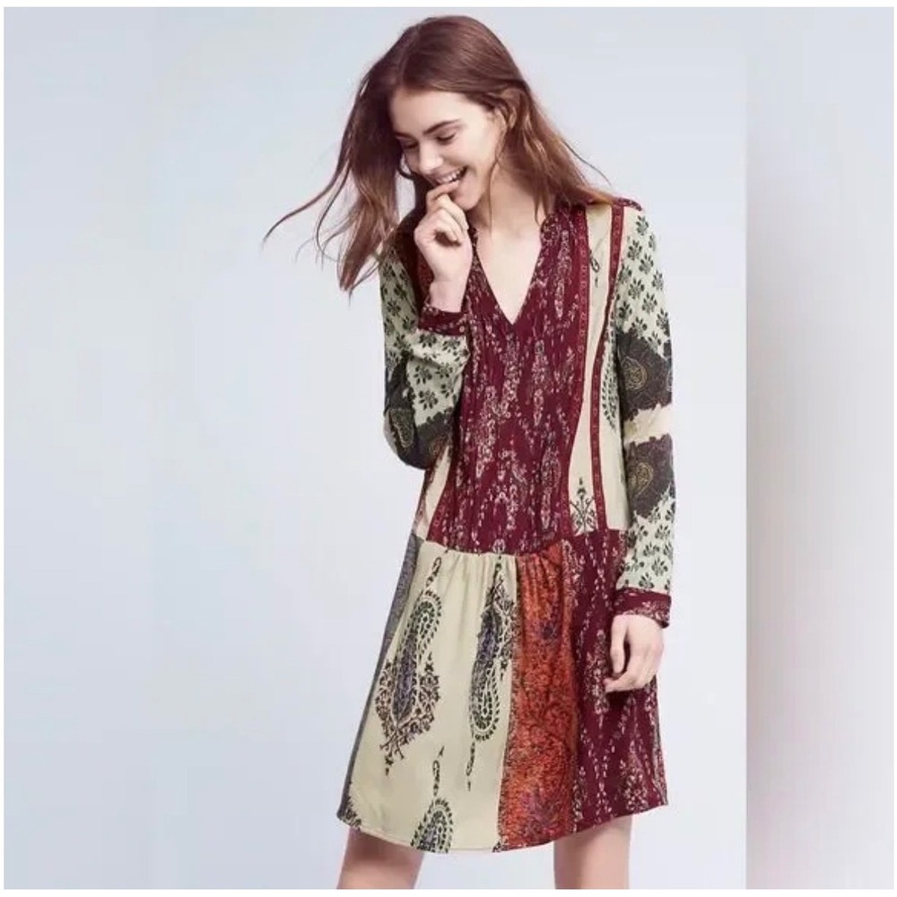Anthropologie Tiny‎ Patchwork Print Shirtdress Shirt Dress Multicolor Boho XSP